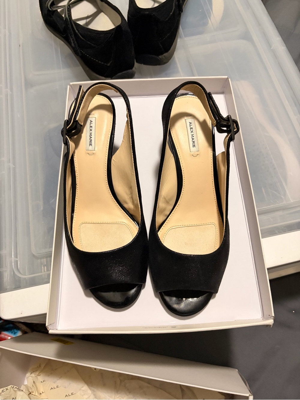 Alex Marie Black Peep-Toe Slingback Heels with Ankle Buckle